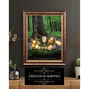 Skull Altar With Candles And Flowers In Forest Pagan Nature Wall Art Print